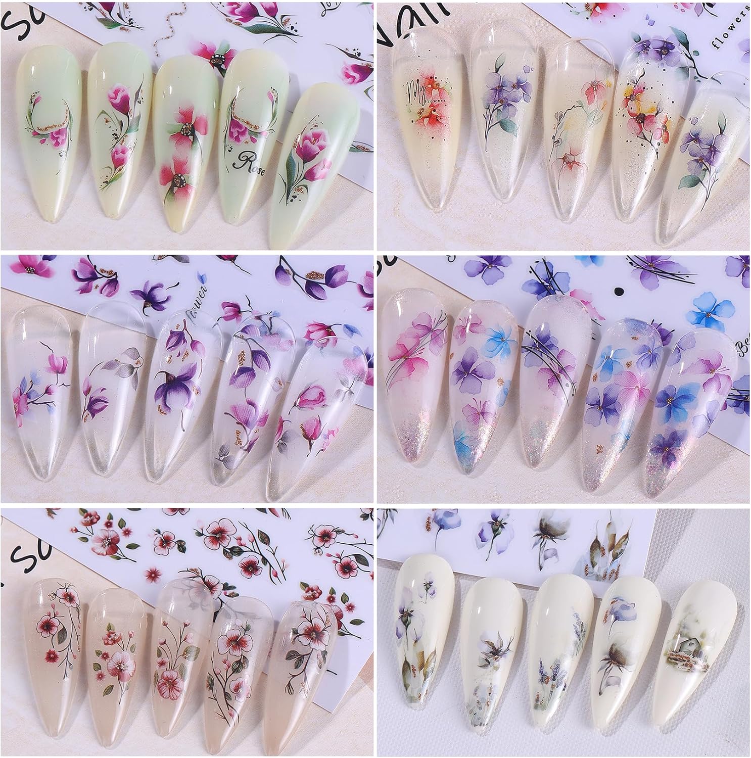 Ink Flower Nail Art Stickers 12 Sheets 3D Self-Adhesive Nail Decals with Tweezers Watercolor Floral Leaves Stickers Charming Blossom Flowers Designs Nail Art Supplies Manicure Accessories for Women-Velvo Beauty