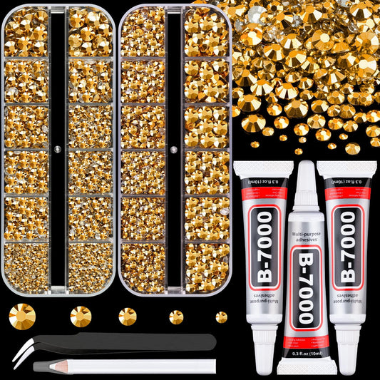 Resin Rhinestones for Crafting with B7000 Jewelry Glue, 2 Boxes Gold Flatback Crystals with 3Pcs 10ml Glue for Bedazzling Crafts DIY Nail Art Makeup，Non Hotfix Gems for Clothing Shoes-Velvo Beauty
