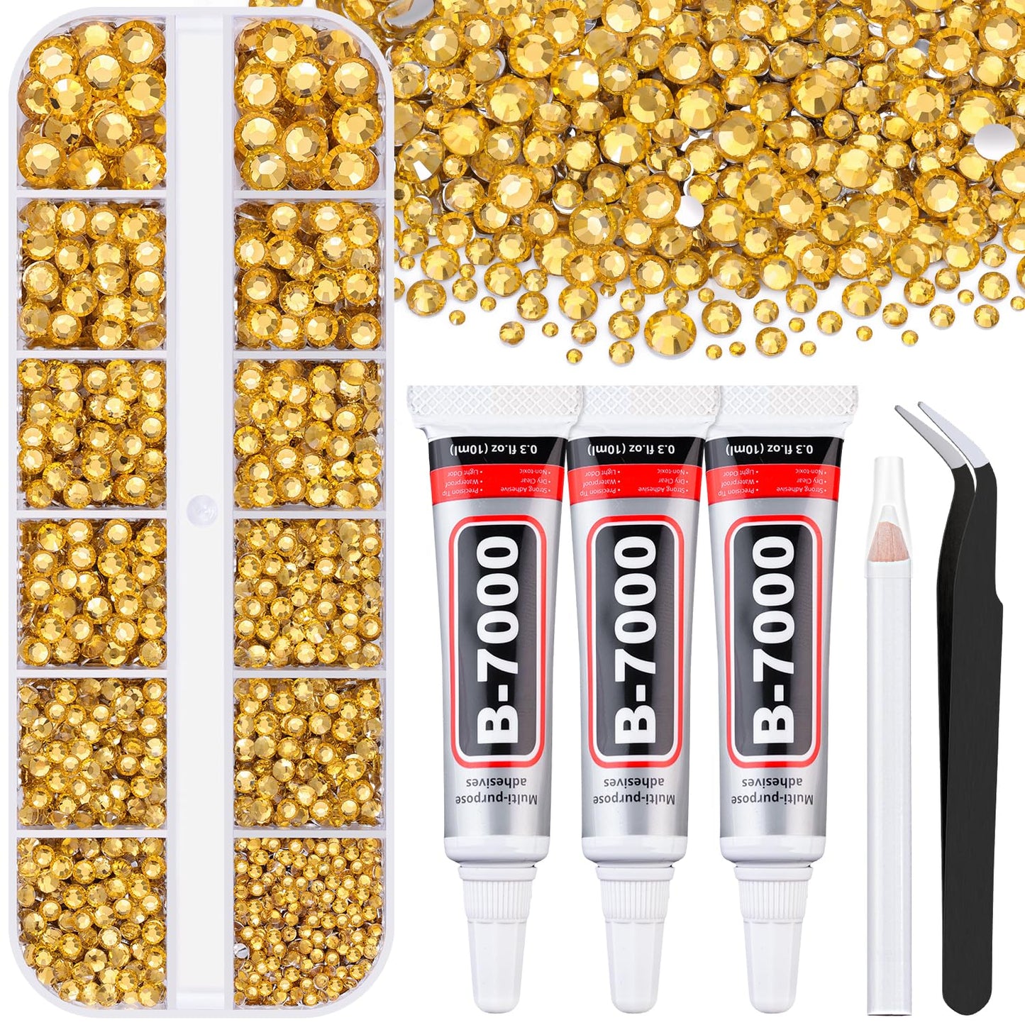 6000Pcs Resin Rhinestones for Bedazzling with 3Pcs B7000 Jewelry Glue, 1 Box Golden Flatback Rhinestones for Crafting Crafts DIY, Crystals Gems for Clothing Shoes Tumblers Nail Art Makeup-Velvo Beauty