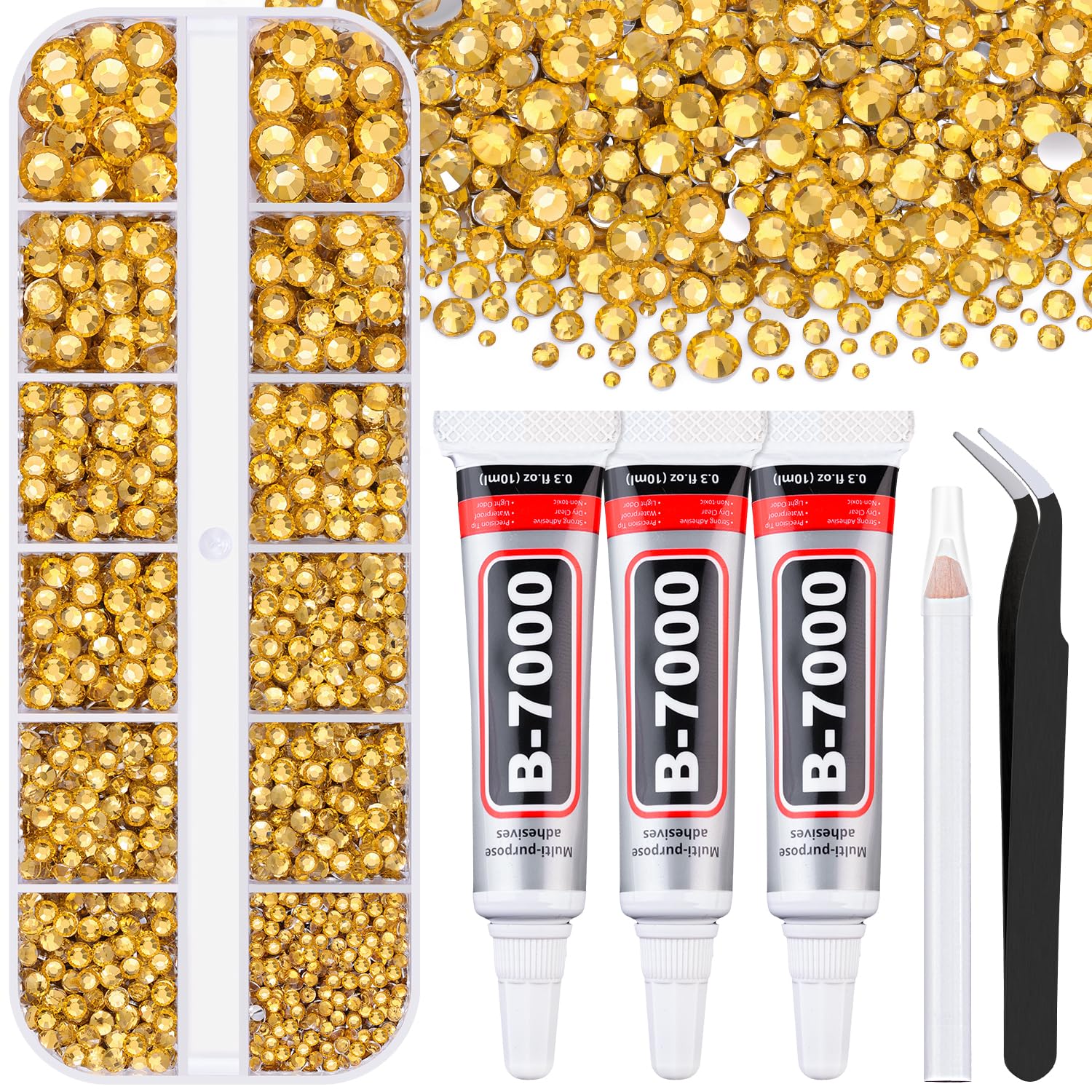 6000Pcs Resin Rhinestones for Bedazzling with 3Pcs B7000 Jewelry Glue, 1 Box Golden Flatback Rhinestones for Crafting Crafts DIY, Crystals Gems for Clothing Shoes Tumblers Nail Art Makeup-Velvo Beauty