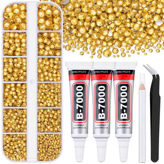 6000Pcs Resin Rhinestones for Bedazzling with 3Pcs B7000 Jewelry Glue, 1 Box Golden Flatback Rhinestones for Crafting Crafts DIY, Crystals Gems for Clothing Shoes Tumblers Nail Art Makeup-Velvo Beauty