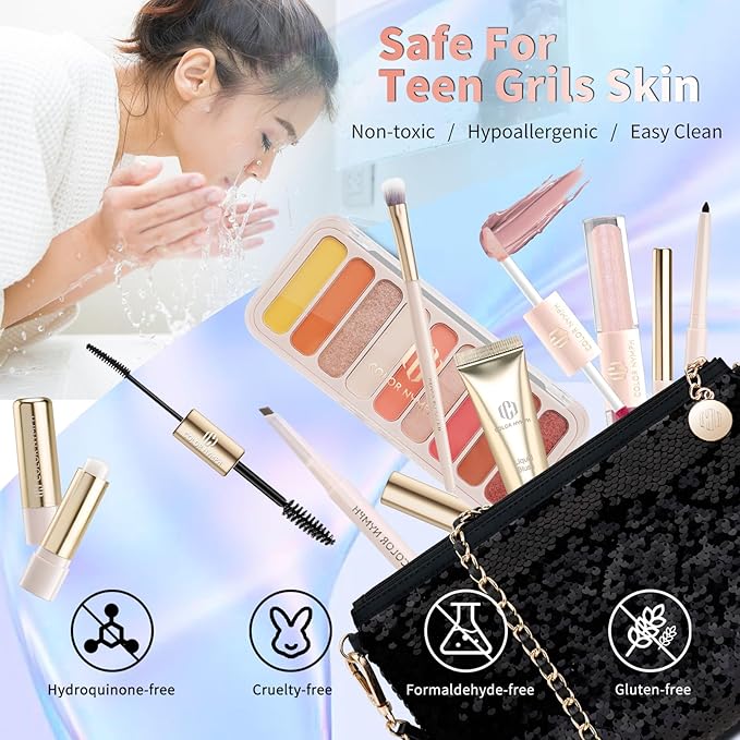 Color Nymph Teen Girls Makeup Kits, Makeup Kit For Girls All In One Makeup Sets For Women With Sequin Bag Packed Individually 9 Colors Eyeshadow Palette Lip Gloss Eyeliner Mascara -Orange Pink-Velvo Beauty
