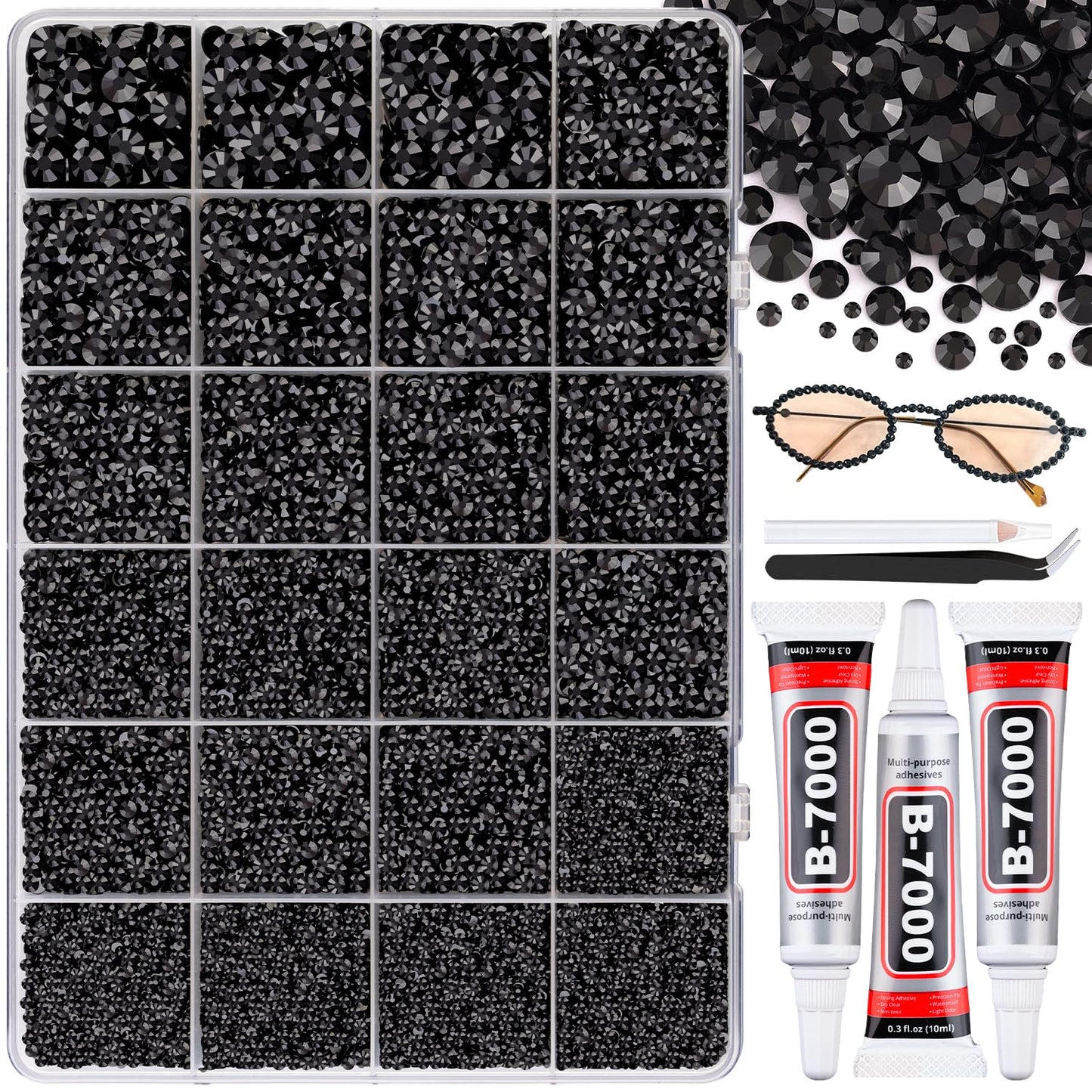 30000Pcs Resin Black Rhinestones with B7000 Jewelry Glue for Crafting, 2-6mm Non Hotfix Flatback Gems, Bedazzling Crystal for DIY Crafts Clothing Tumblers Mugs Shoes Fabric Decor Nail Art-Velvo Beauty