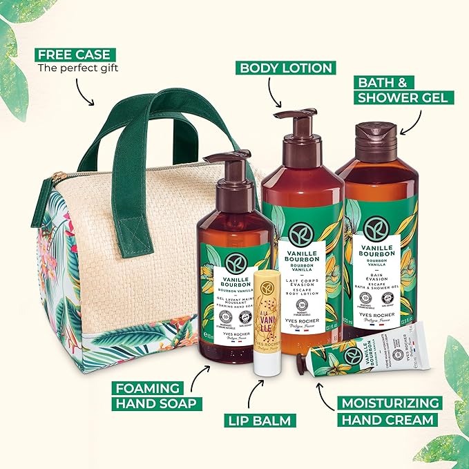Yves Rocher Bain de Nature Vanilla 6-Piece Gift Set, Shower Gel, Hand Cream, Body Lotion, Lip Balm, Hand Soap & Vanity Bag, 6 Items-Velvo Beauty