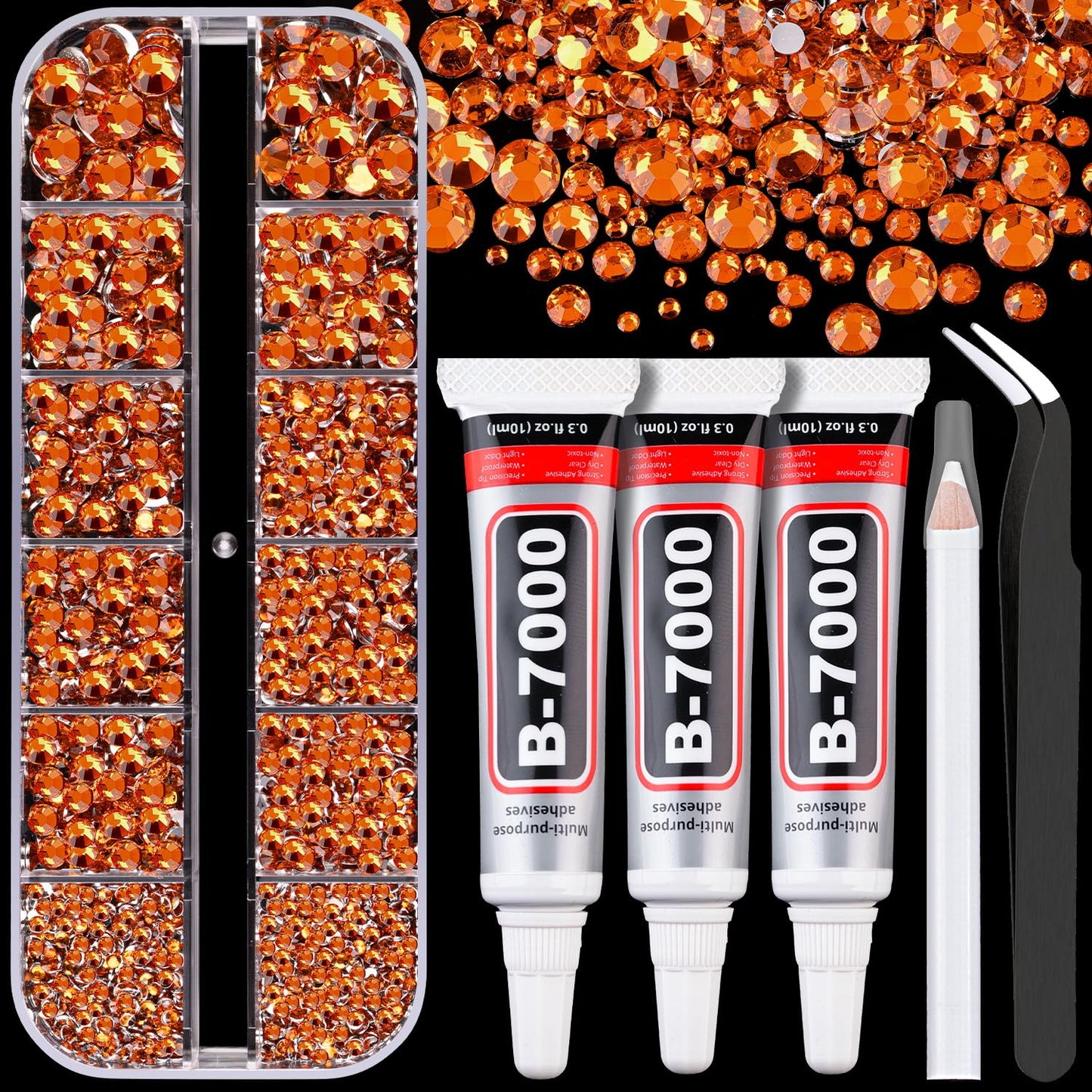 Resin Rhinestones for Crafting with B7000 Jewelry Glue, 1 Box Orange Flatback Crystals with 3Pcs 10ml Glue for Bedazzling Crafts DIY Nail Art Makeup，Non Hotfix Gems for Clothing Shoes-Velvo Beauty