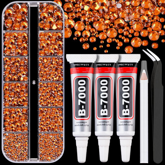 Resin Rhinestones for Crafting with B7000 Jewelry Glue, 1 Box Orange Flatback Crystals with 3Pcs 10ml Glue for Bedazzling Crafts DIY Nail Art Makeup，Non Hotfix Gems for Clothing Shoes-Velvo Beauty