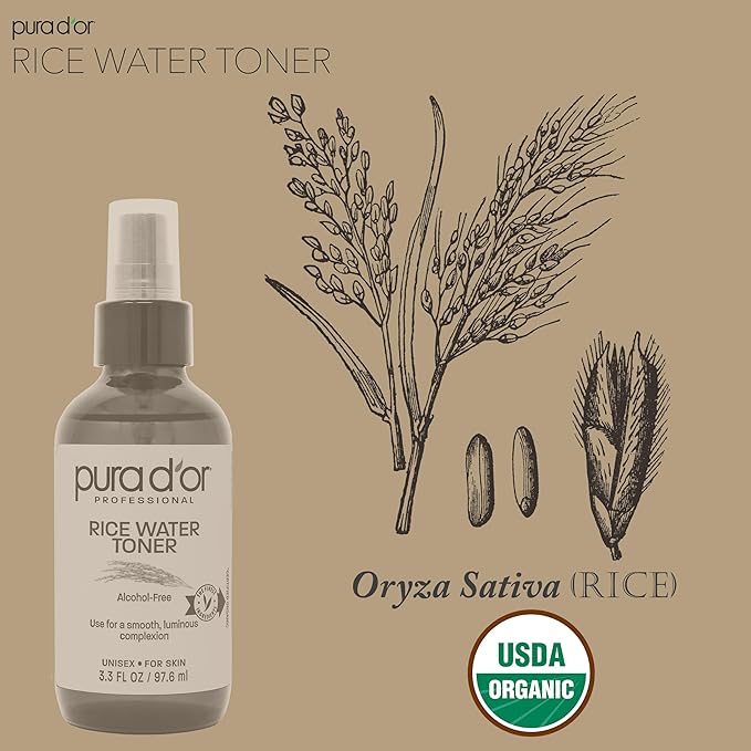 PURA D'OR 3.3 Oz Rice Water Facial Toner - Hydrating, Balancing & Soothing Formula with Natural Extracts - Skin Texture Support for Radiant Skin - Alcohol-Free - Travel Size-Velvo Beauty