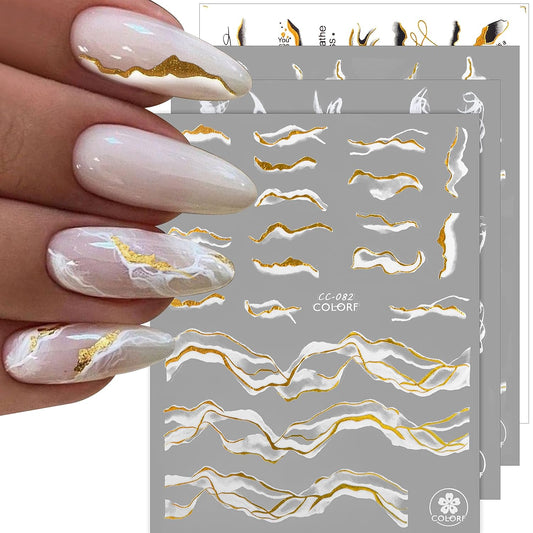 12 Sheets Nail Art Stickers Decals,TOROKOM Self-Adhesive White Black Gold Stripe Line Nail Decals Marble Wave Nail Sticker Supplies for 3D Nail Design Nail Accessories for Women French Nail Decoration-Velvo Beauty