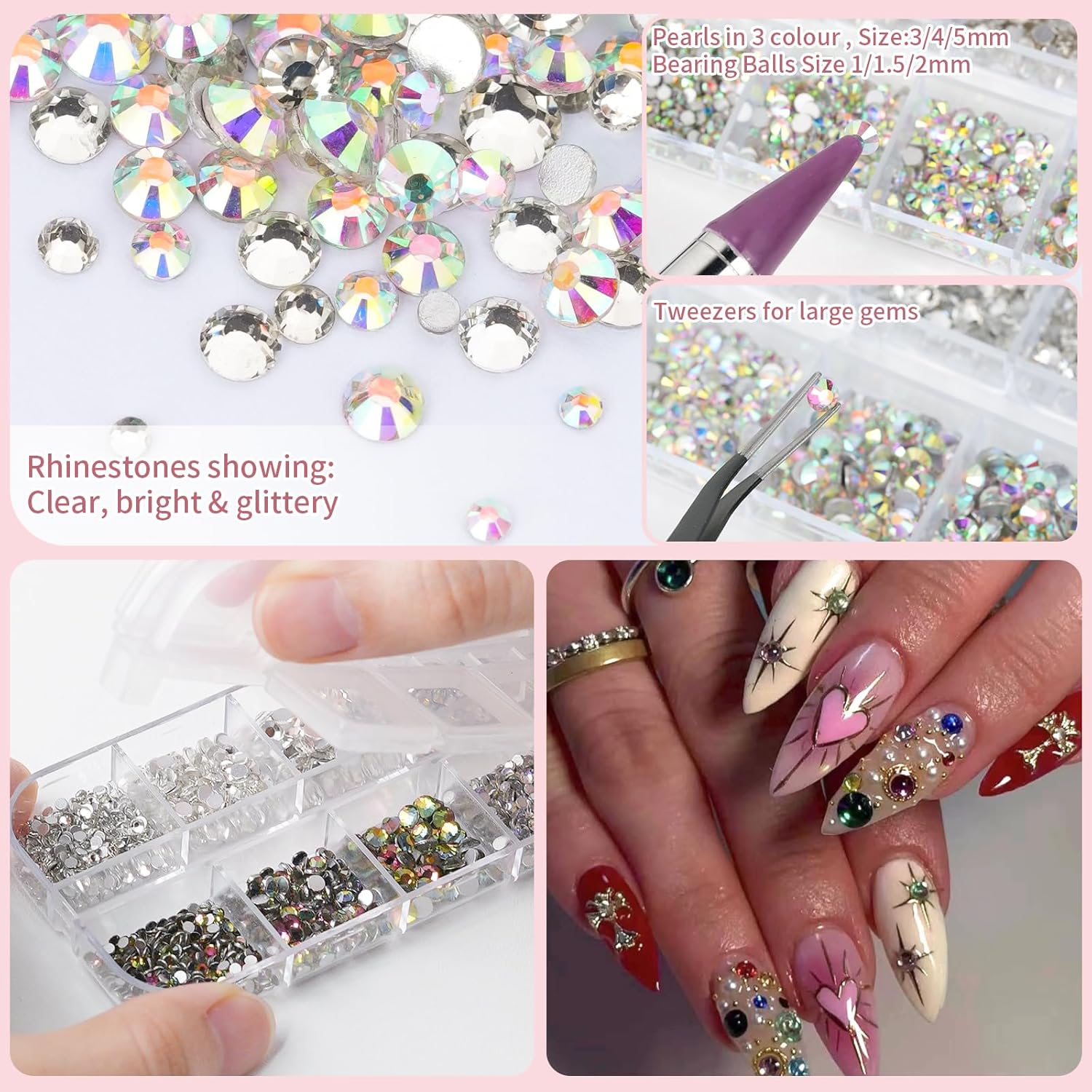 5200PCS Nail Gems and Charms, AB Crystal Nail Rhinestones with Flatback Nail Pearls, Pick Up Tweezers, Rhinestone Picker Tool, Flat Back Nail Gems for Nail Art, Clothes, Face, Craft-Velvo Beauty