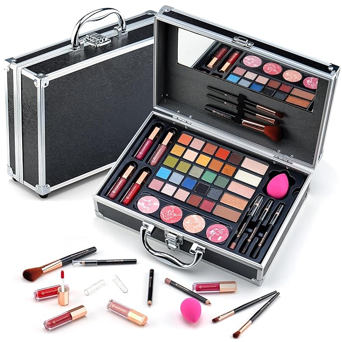Makeup Kit For Women,All in One Makeup Gift Set for Girls in Cosmetic Train Case (Black) With Mirror,Full Starter Cosmetic Kit Includes Eyeshadow Palette,Lipgloss,Blushes-Velvo Beauty