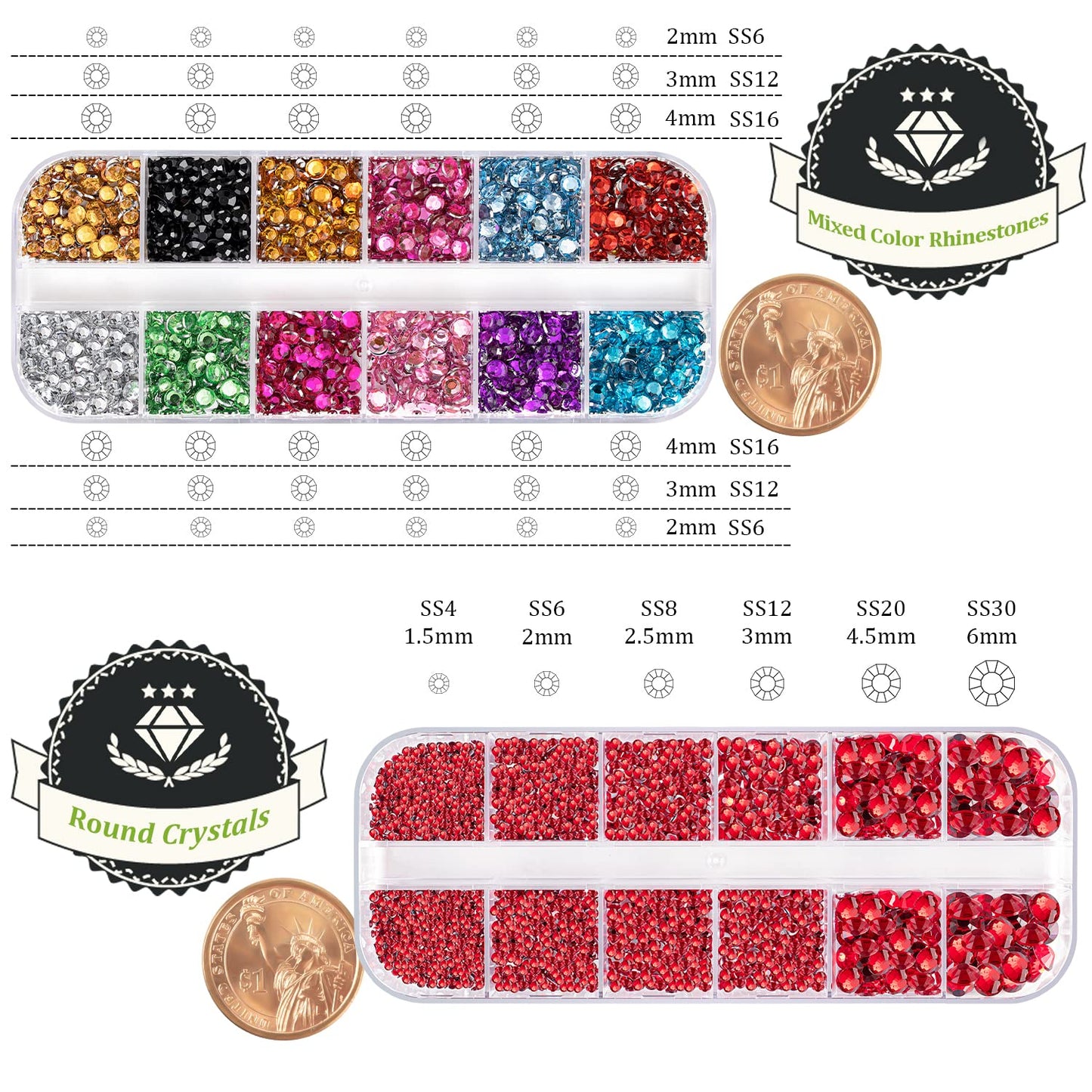 Two Packs of Flatback Rhinestones 4520 Pcs Colorful Nail Art Rhinestones Flatback Crystal Colorful+Red Rhinestone with Picker Pencil and Tweezer for Nail Art and Decoration-Velvo Beauty