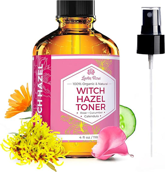 Witch Hazel Alcohol Free Toner by Leven Rose, 100% Pure Organic Facial Rose Water with Rose Petals, Calendula, Cucumber, and Chamomile Flower 4 oz-Velvo Beauty