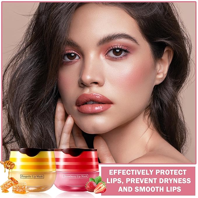 NVLEPTAP 2PCS Bee Lip Balm Honey Pot Honey & Strawberry Lip Balm Moisturizing Honey Lip Mask Lip Care Products Lip Balm with Wand-Velvo Beauty