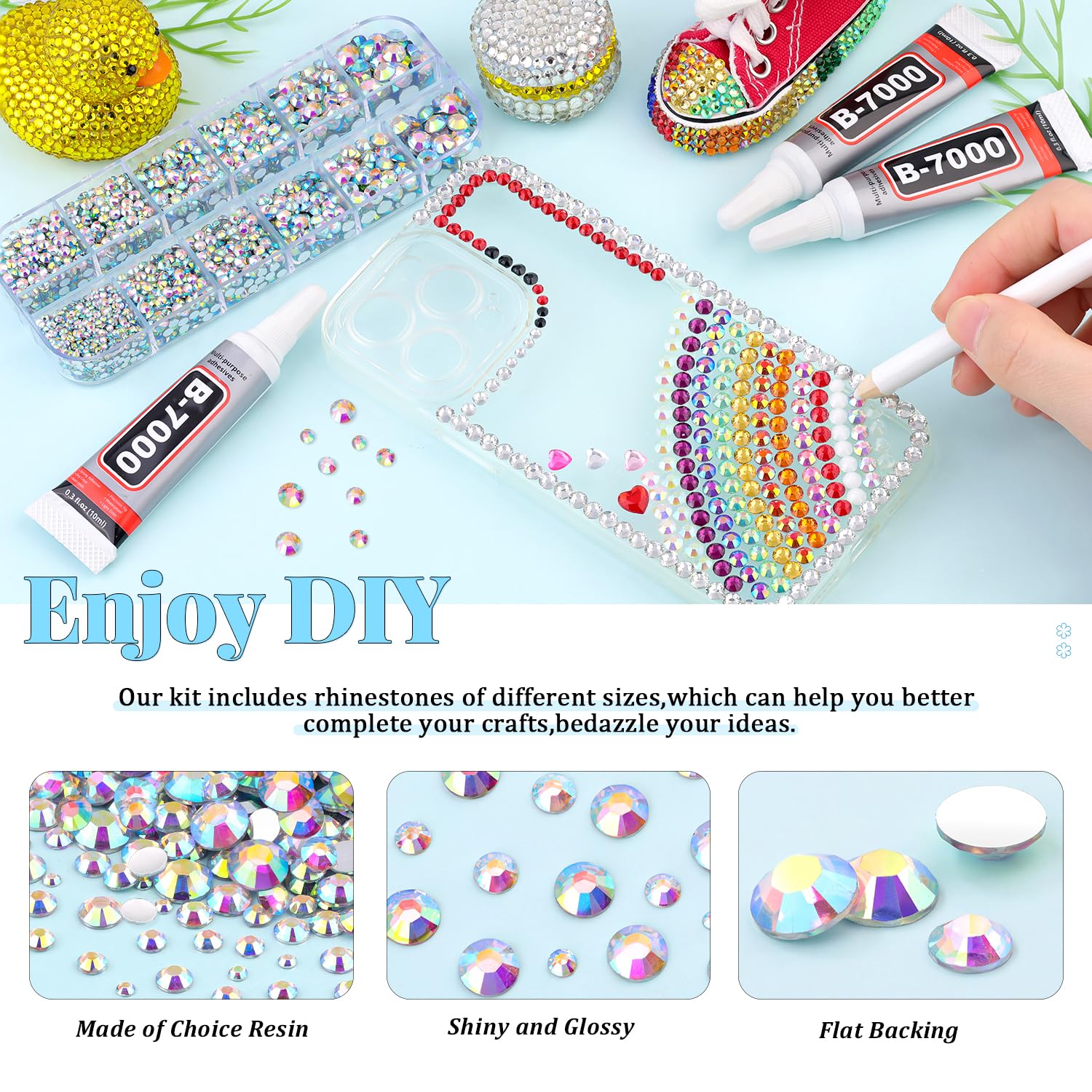 6000Pcs Resin Rhinestones for Bedazzling with 3Pcs B7000 Jewelry Glue, 1 Box AB Flatback Rhinestones for Crafting Crafts DIY, Crystals Gems for Clothing Shoes Tumblers Nail Art Makeup-Velvo Beauty