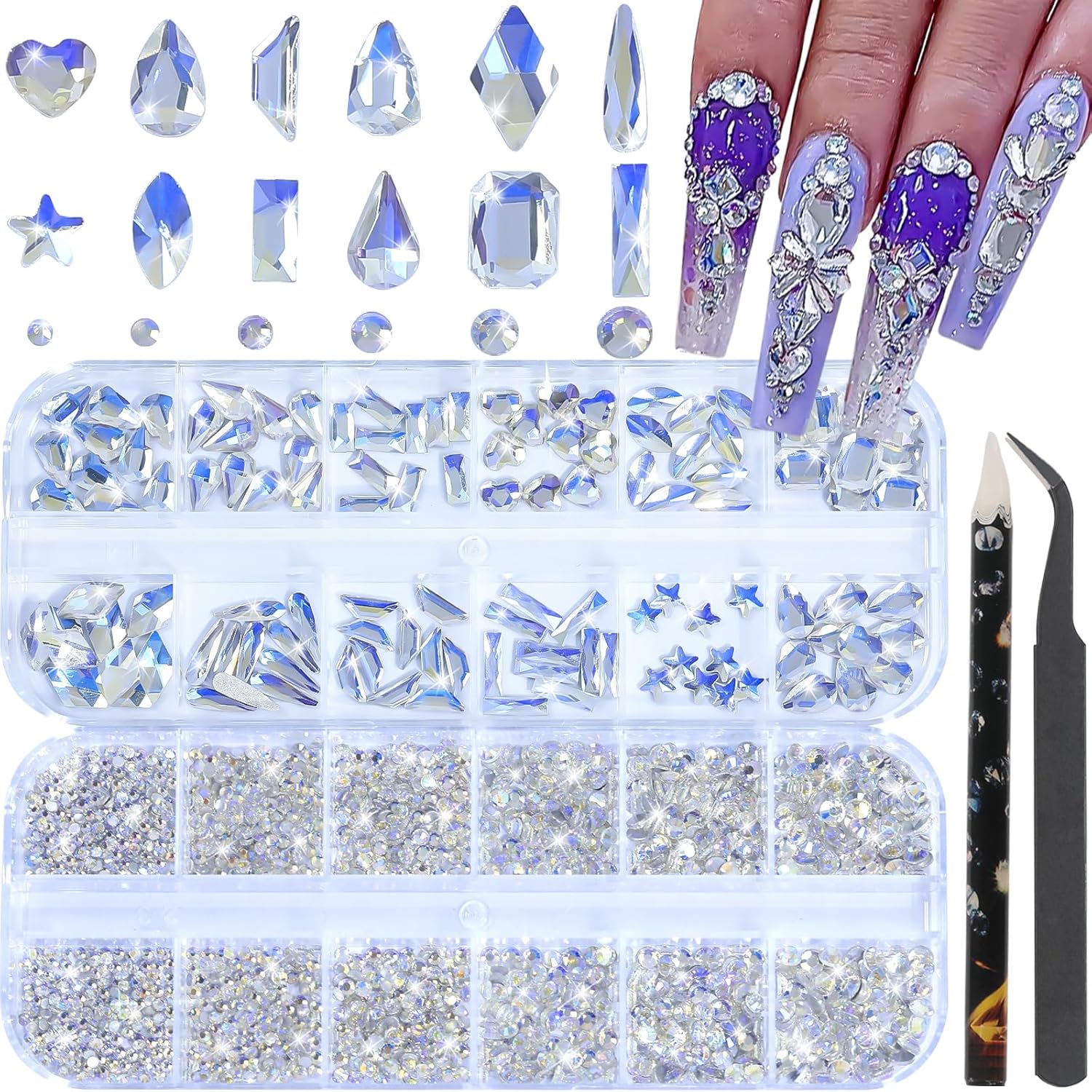 HNUIX Nail Rhinestones - 3D Multi Shape Size, Crystal Blue Moonlight Nail Gems, Flat Back, with Kit, for Nail Art, DIY Decorations-Velvo Beauty