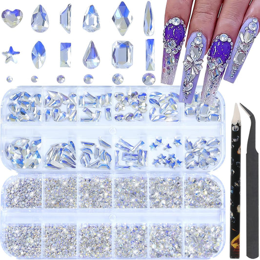 HNUIX Nail Rhinestones - 3D Multi Shape Size, Crystal Blue Moonlight Nail Gems, Flat Back, with Kit, for Nail Art, DIY Decorations-Velvo Beauty