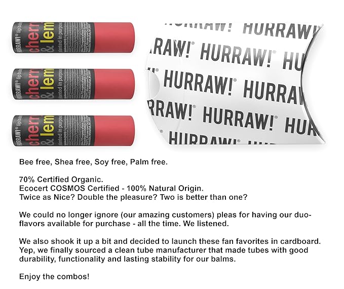 Hurraw! Cherry & Lemon Lip Balm, 3 Pack: Plastic-Free with new cardboard push-up tube. Certified Organic, All Natural Origin, Vegan & Cruelty Free. Gluten Free. Bee, Shea, Soy & Palm Free. Made in USA-Velvo Beauty