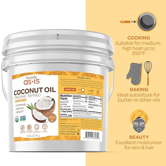 Simply as-is | Organic Refined Coconut Oil for Cooking, Baking | Neutral Flavor & Aroma | Expeller-Pressed | 128 fl oz-Velvo Beauty
