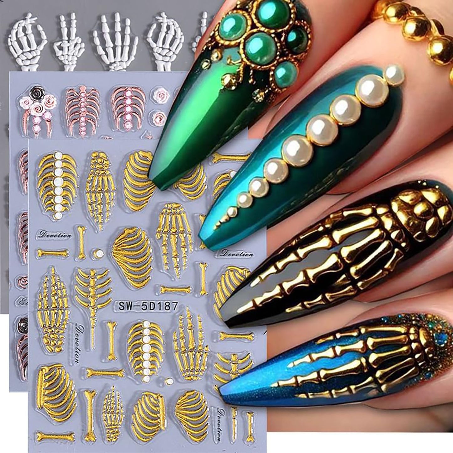 Halloween Nail Art Stickers 5D Relief Skeleton Hand Rose Flowers Nail Decals Self -Adhesive Gold Rose Gold White Nail Decals Holographic Halloween Nail Decoration for Women Manicure Supplies-Velvo Beauty