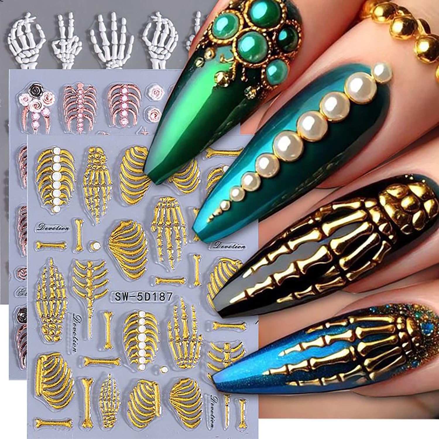 Halloween Nail Art Stickers 5D Relief Skeleton Hand Rose Flowers Nail Decals Self -Adhesive Gold Rose Gold White Nail Decals Holographic Halloween Nail Decoration for Women Manicure Supplies-Velvo Beauty