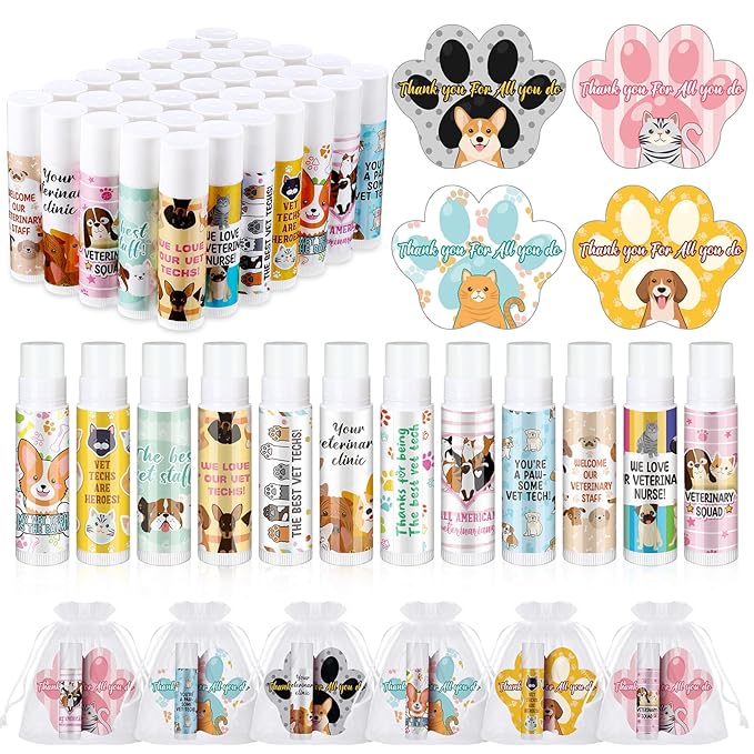 36 Sets Vet Tech Gift Animal Lip Balm Thank You Tag Organza Bag Veterinarian Appreciation Gifts Vet Tech Week Gift for Veterinary Technologist Nurse Birthday Christmas End of Year Supplies-Velvo Beauty