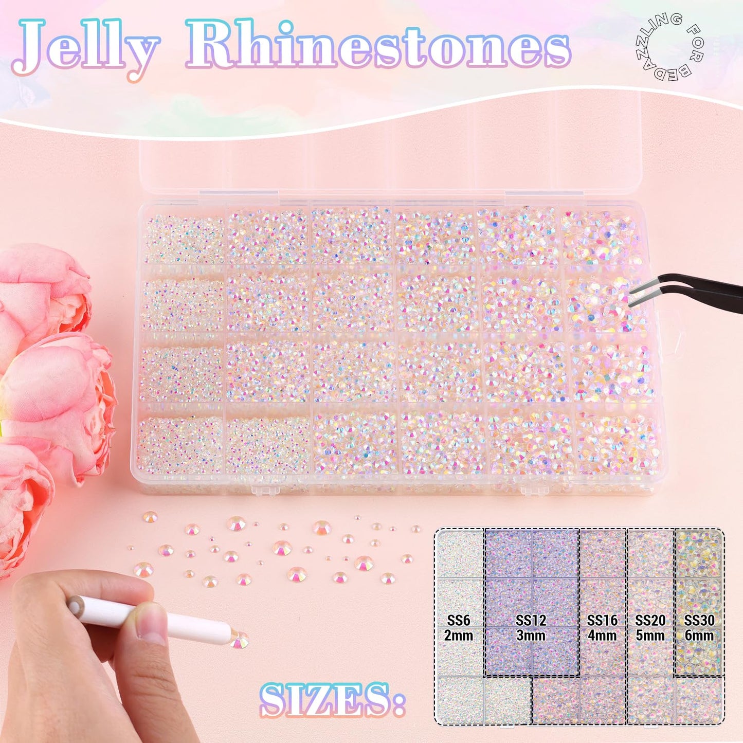 25000Pcs Resin Jelly Rhinestones with Tweezers for Crafting, 2-6mm Mixed Sizes (Transparent AB) Non Hotfix Flatback Gems, Bedazzling Crystal for DIY Crafts Clothing Tumblers Mugs Shoes Decor Nail Art-Velvo Beauty