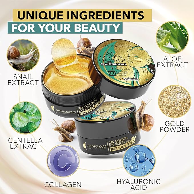 SWISSÖKOLAB Under Eye Patches For Puffy Eyes 24k Gold Eye Mask Dark Circles And Puffiness Collagen Eye Gel Pads Moisturizing & Reducing Wrinkles Anti-Aging Hyaluronic Acid (Snail Series)-Velvo Beauty