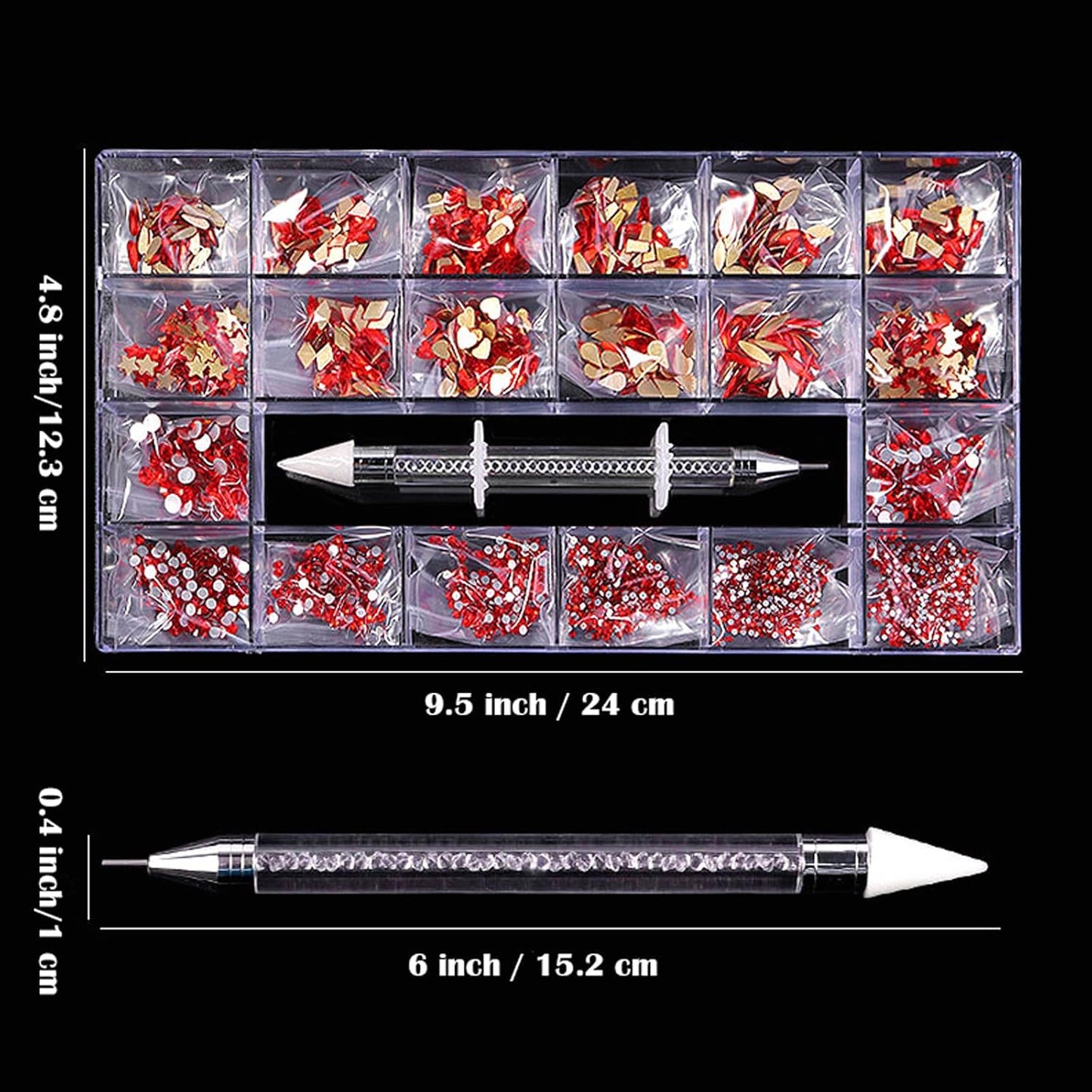 Nail Rhinestones Kit, Nail Art Decorations with Wax Pencil Flat AB Rhinestones Kit DIY Crafts Gemstones for Nail, Shoes, Clothes, Jewels (600 Red Diamonds + 2500 Flat Rhinestone)-Velvo Beauty