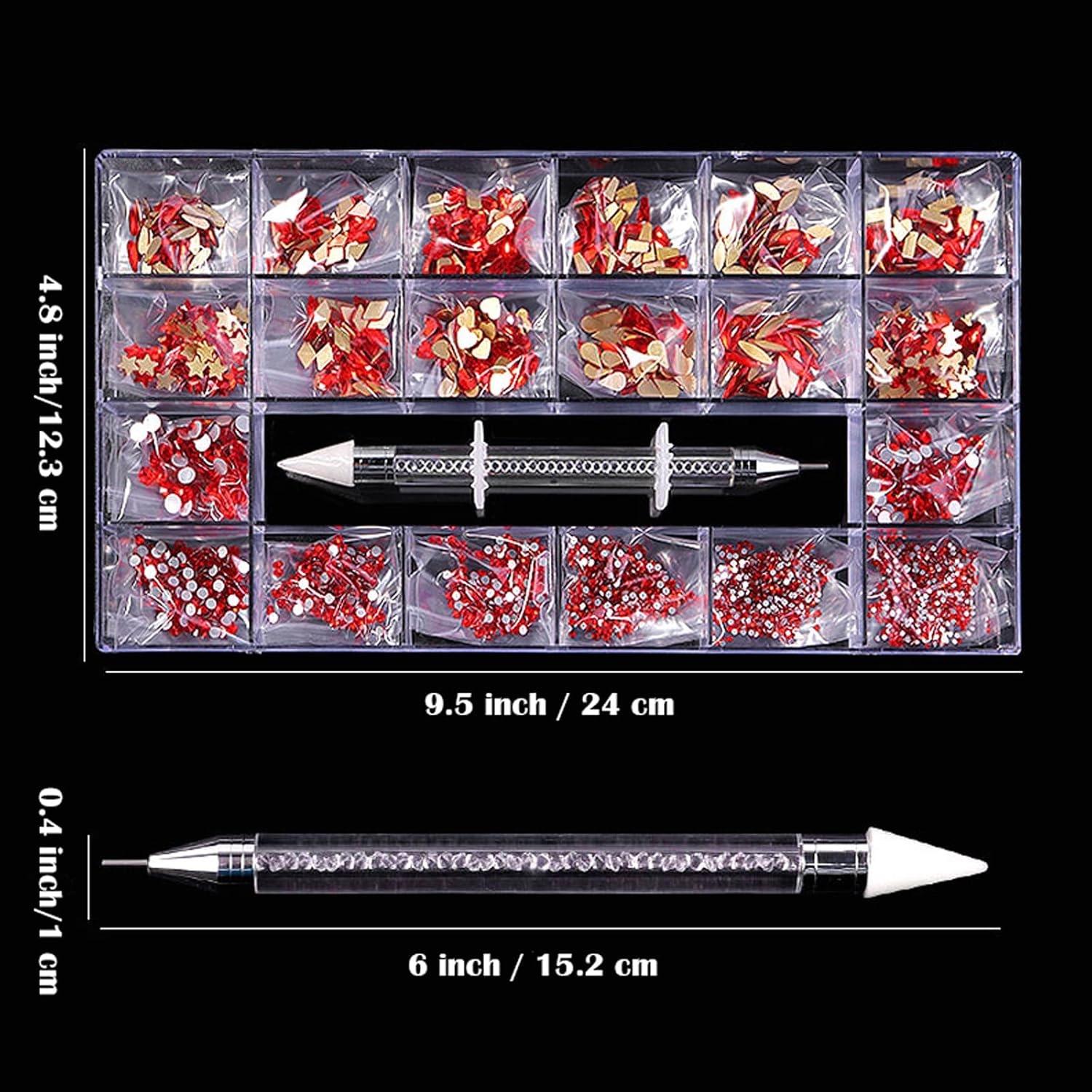 Nail Rhinestones Kit, Nail Art Decorations with Wax Pencil Flat AB Rhinestones Kit DIY Crafts Gemstones for Nail, Shoes, Clothes, Jewels (600 Red Diamonds + 2500 Flat Rhinestone)-Velvo Beauty