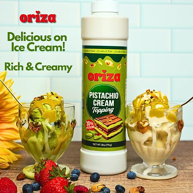 Oriza Pistachio Cream Topping, 28oz Bottle – Premium Pistachio Spread with 30% Pistachios, Palm Oil Free, Non-GMO, Natural Color – Dessert, Latte & Baking Cream-Velvo Beauty
