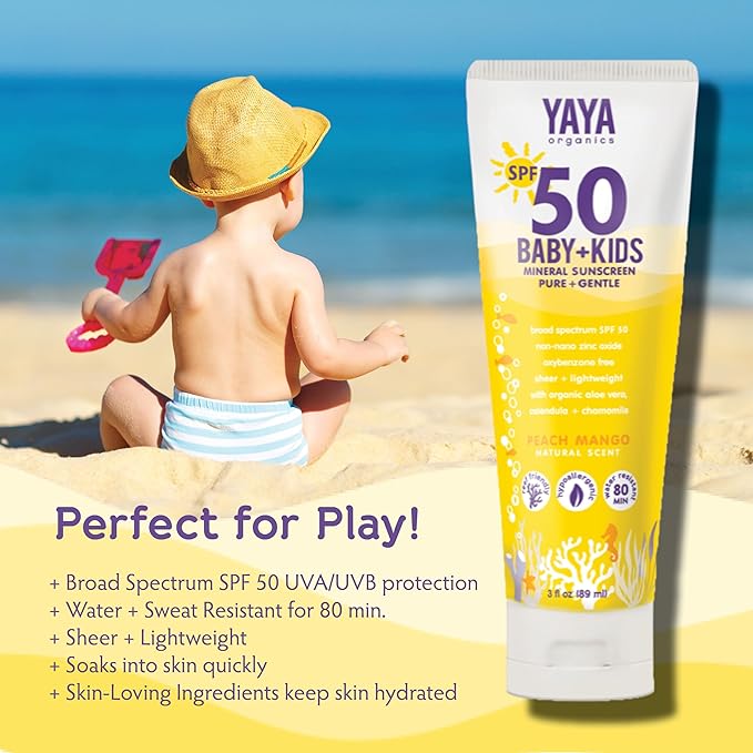 YAYA ORGANICS Baby + Kids Mineral Sunscreen Lotion, SPF 50, Reef-Friendly, Non-Nano Zinc Oxide, Water-Resistant, Hypoallergenic, Pure + Gentle for delicate skin, 3 oz-Velvo Beauty