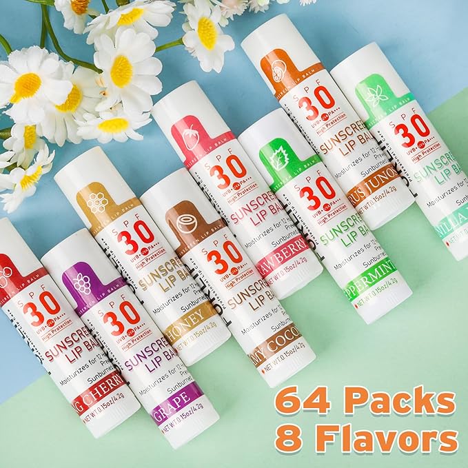 SPF 30 Lip Balm with Sunscreen, SPF Lip Balm Bulk Travel Size-64 Pack, Hydrating Lip Balm Pack with Vitamin E and Coconut Oil- 8 Flavors-Velvo Beauty