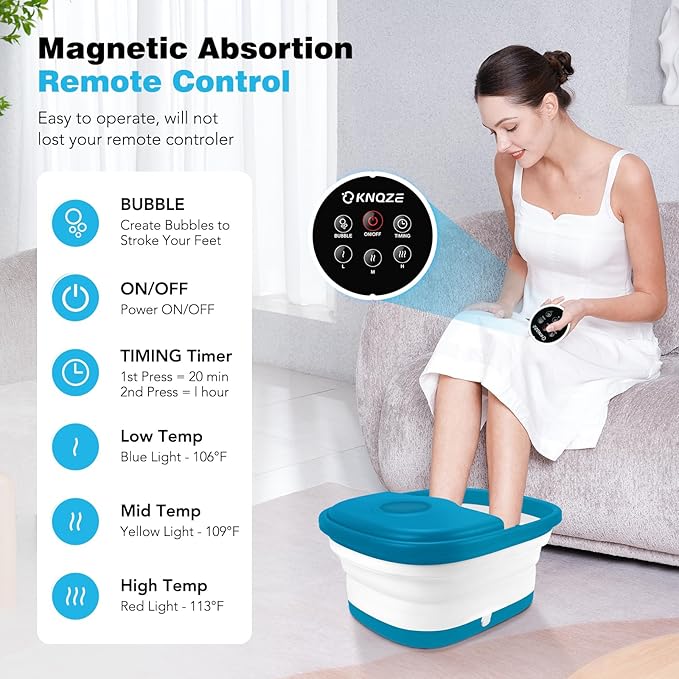 Collapsible Foot Spa with Heat, Remote Control, Temperature Control, Bubbles, Pumice Stone, Red Light, Timer, 16 Massage Roller Pedicure Foot Bath Tub Foot Soaker for Relaxation & Stress Relief-Velvo Beauty