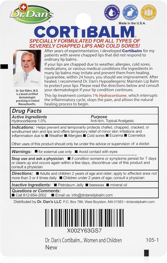 Dr. Dan's Cortibalm - 1 Pack - for Dry Cracked Lips - Healing Lip Balm for Severely Chapped Lips - Designed for Men, Women and Children-Velvo Beauty