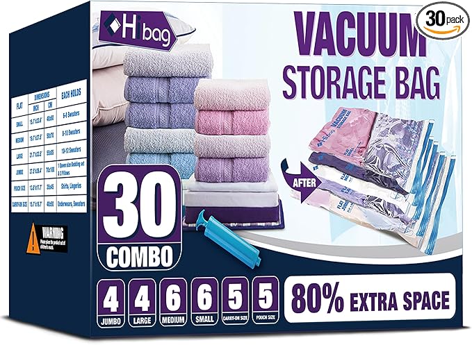 HIBAG Vacuum Storage Bags, 30-Pack Space Saver Vacuum Storage Bags, Vacuum Seal Bags for Clothing, Clothes, Comforters and Blankets (30C)-Velvo Beauty