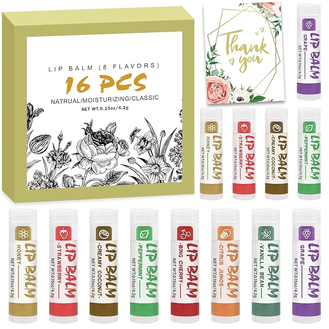 16 Pack Lip Balm, Natural Lip Balm Bulk with Vitamin E and Coconut Oil, Moisturizing Lip Balm for Dry Cracked Lips, Lip Balm for Stocking Stuffers - 8 Flavors-Velvo Beauty