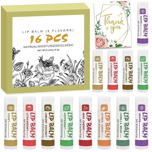 16 Pack Lip Balm, Natural Lip Balm Bulk with Vitamin E and Coconut Oil, Moisturizing Lip Balm for Dry Cracked Lips, Lip Balm for Stocking Stuffers - 8 Flavors-Velvo Beauty