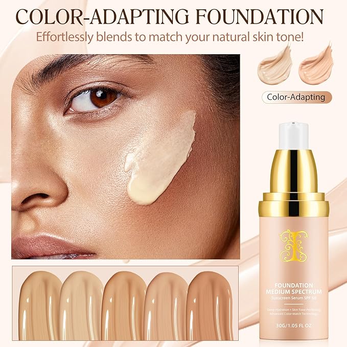 Colour Changing Foundation Liquid 4 in 1, Oil-free BB Cream Makeup, Hydrating Longwearing & Waterproof Concealer, SPF 50+ Makeup Base Nude Face, Foundation Medium Spectrum for all Skin(2PCS)-Velvo Beauty