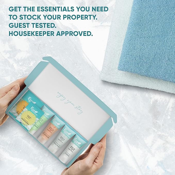 Eco Botanics Amenity & Accessory Kit | 0.85 oz Travel Size Shampoo, Conditioner, Lotion, Body Wash, Body Bar, Cleansing Bar, Shave & Dental Sets, Make-Up Remover Wipes, & Vanity Kit | 1 set per case-Velvo Beauty