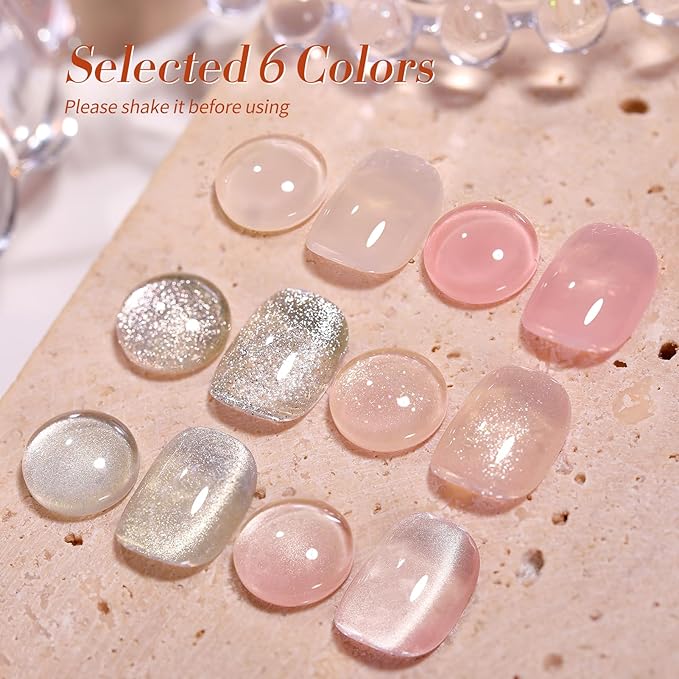 Born Pretty Gel Nail Polish Nude Pink Series,Jelly Transparent,Cat Magnetic Eye,Shimmer Glitter Holographic Nude Pink Gel Polish Kit for Salon Manicure and Nail Art DIY at Home 6Colors-Velvo Beauty