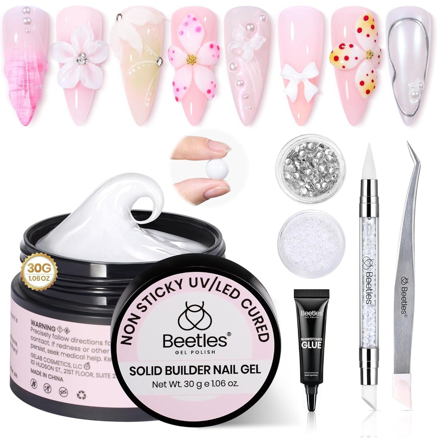 Beetles Solid Builder Nail Gel 1 oz White 3D Sculpting Gel for Nail Art Non-Sticky Extension with Rhinestones & Pearls and Rhinestones Glue Double-Head Pen DIY Salon Home for Women-Velvo Beauty