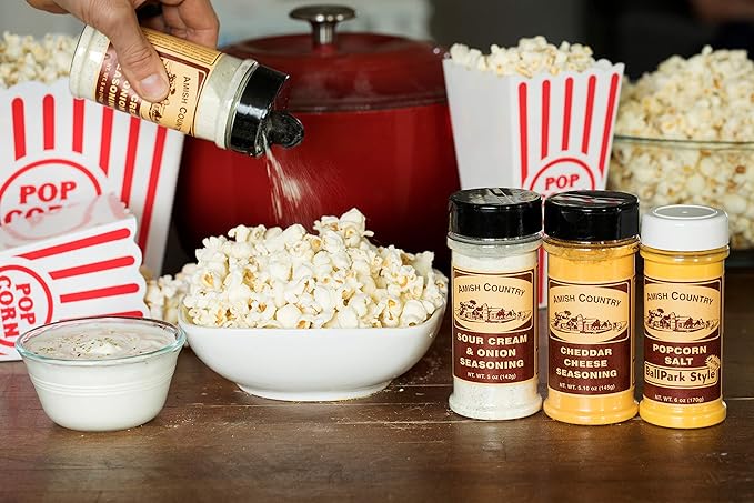 Amish Country Popcorn | Seasoning Variety Pack | 5.5 oz BallPark Style ButterSalt - 4.7 oz Cheddar Cheese & 4.7 oz Sour Cream and Onion Popcorn Seasoning-Velvo Beauty