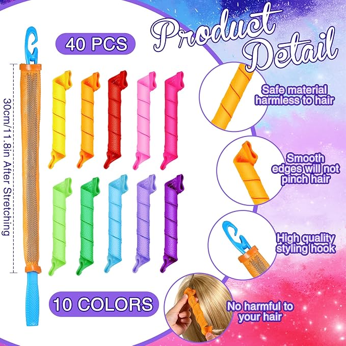 Yilloog 40 Pieces Hair Curlers Kit Heatless Spiral Curlers Tools with 2 Styling Hooks and 1 Storage Bag Multicolor Magic Curls Rollers for Women Long Medium Short Hair Classic Style-Velvo Beauty