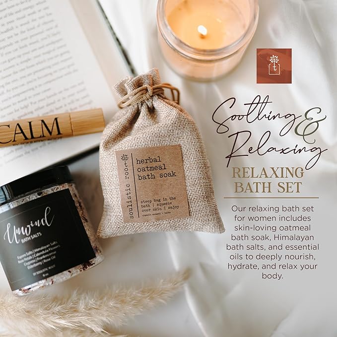 Relaxing Bath Gift Set, Luxury Spa Gifts for Women, Self Care Products for Women and Men, Calm Essential Oil Roller, Oatmeal Lavender Bath Soak & Epsom Salts with Essential Oils-Velvo Beauty