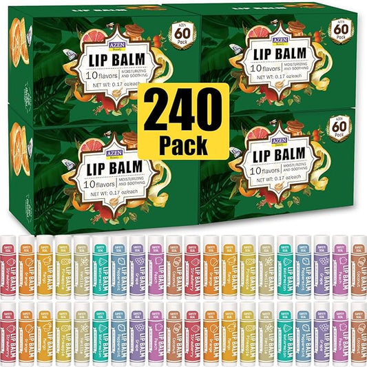 AZEN 240 Pack Lip Balm, Natural Lip Balm Bulk, Lip Care Product, Moisturizing Lip Balm for dry cracked lips - 10 Flavors-Velvo Beauty