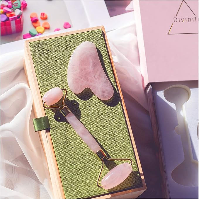 Rose Quartz Face Roller and Gua Sha Set - Face Roller Skin Care - Jade Roller and Gua Sha and Jade Roller for Face Rollers for Women Gifts - Rose Quartz Roller for Face Massage Roller DiviniTi-Velvo Beauty