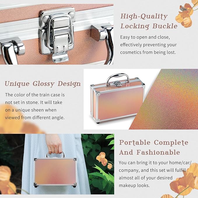 Color Nymph Beginner Makeup Kits For Teens With Train Case Included Full Makeup Kit Eyeshadow Palette Blushes Bronzer Highlighter Lipstick Brushes Mirror（Gold）-Velvo Beauty