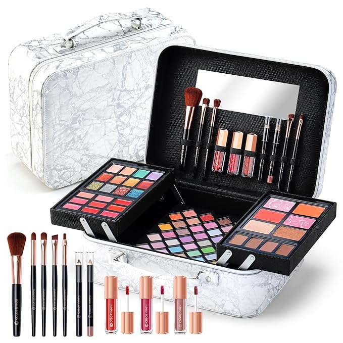 Makeup Kit for Women,All in One Makeup Gift Set for Girls in Cosmetic Train Case (White) With Mirror,Full Cosmetic Kit Includes Eyeshadow Palette,Lipgloss,Blushes,Pencil,Brush Applicators-Velvo Beauty