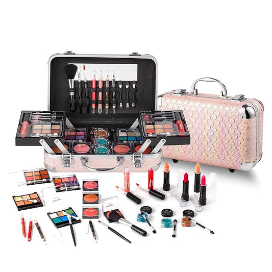 Hot Sugar All In One Makeup Set for Teen Girls - Full Makeup Kit for Beginners With Eye Shadow Palette, Blush, Lip Gloss, Brush, Mirror (Pink Heart)-Velvo Beauty