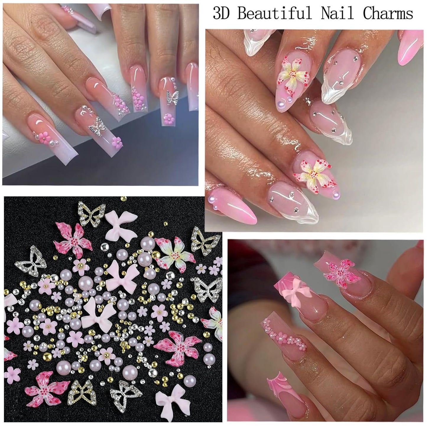 Nail Art Charms with Rhinestones Glue Gel Pink Flatback Pearls Flower Bow Nail Gems Supplies Accessories Gold Silver Nails Decoration Pearls for Women Nails Design-Velvo Beauty